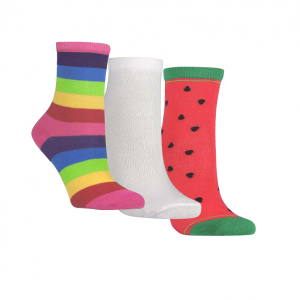Meia Cano Médio Kids - Kit com 3 pares (Arco Iris/Branca/Melancia)